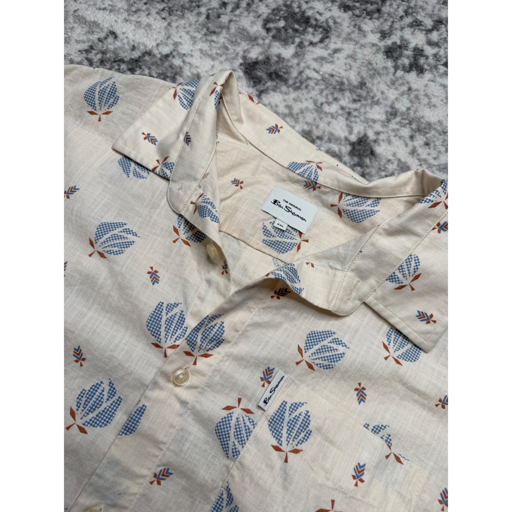 BEN SHERMAN Button Down Ivory Blue Cotton Leaf Print Men's Size XXL Short Sleeve